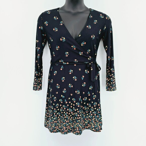 Loft Petites True Wrap Dress SP Black Colorful Floral Petaled Long Sleeve New - Picture 1 of 12